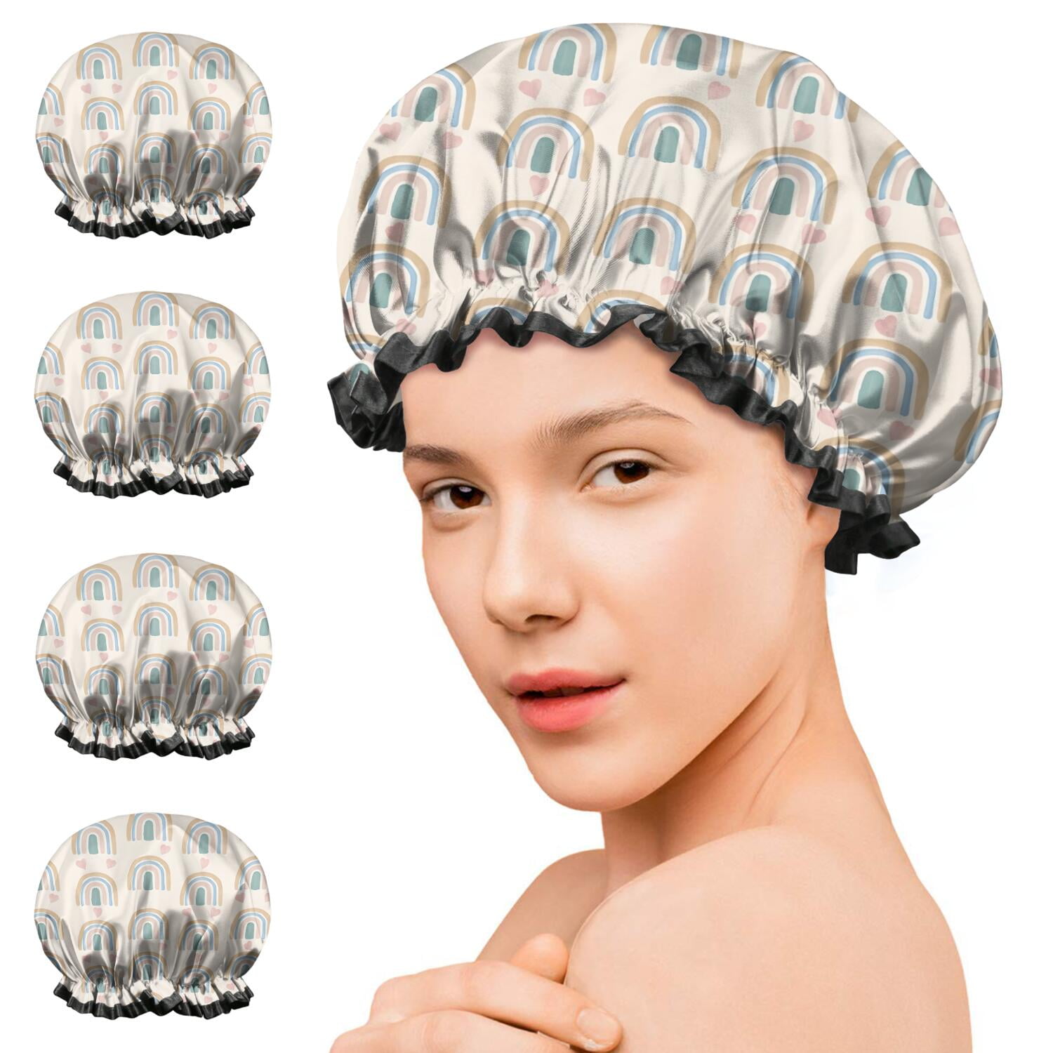 Shower Caps,Beige Boho Bohemia Rainbows Hearts Pattern Waterproof Shower Cap for Women 4 Pieces,Double Reusable Hair Cover for Shower PEVA Elastic Stretch Hem