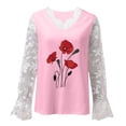 thumbnail image 2 of Moda mujer Casual impreso cuello en V encaje empalme manga larga jerseys blusa camiseta Tops Pompotops FGAJ13174, 2 of 3