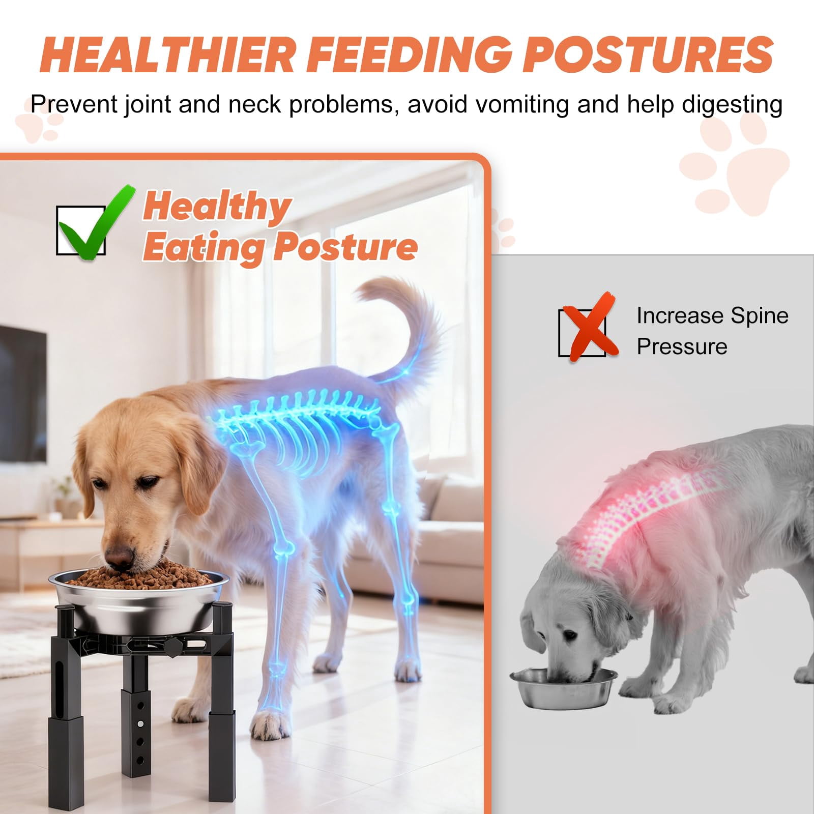 Adjustable dog bowl stand w/ non-slip base fits all bowl types (steel/ceramic/plastic). Promotes digestion & joint health. For S/M/L dogs. Black