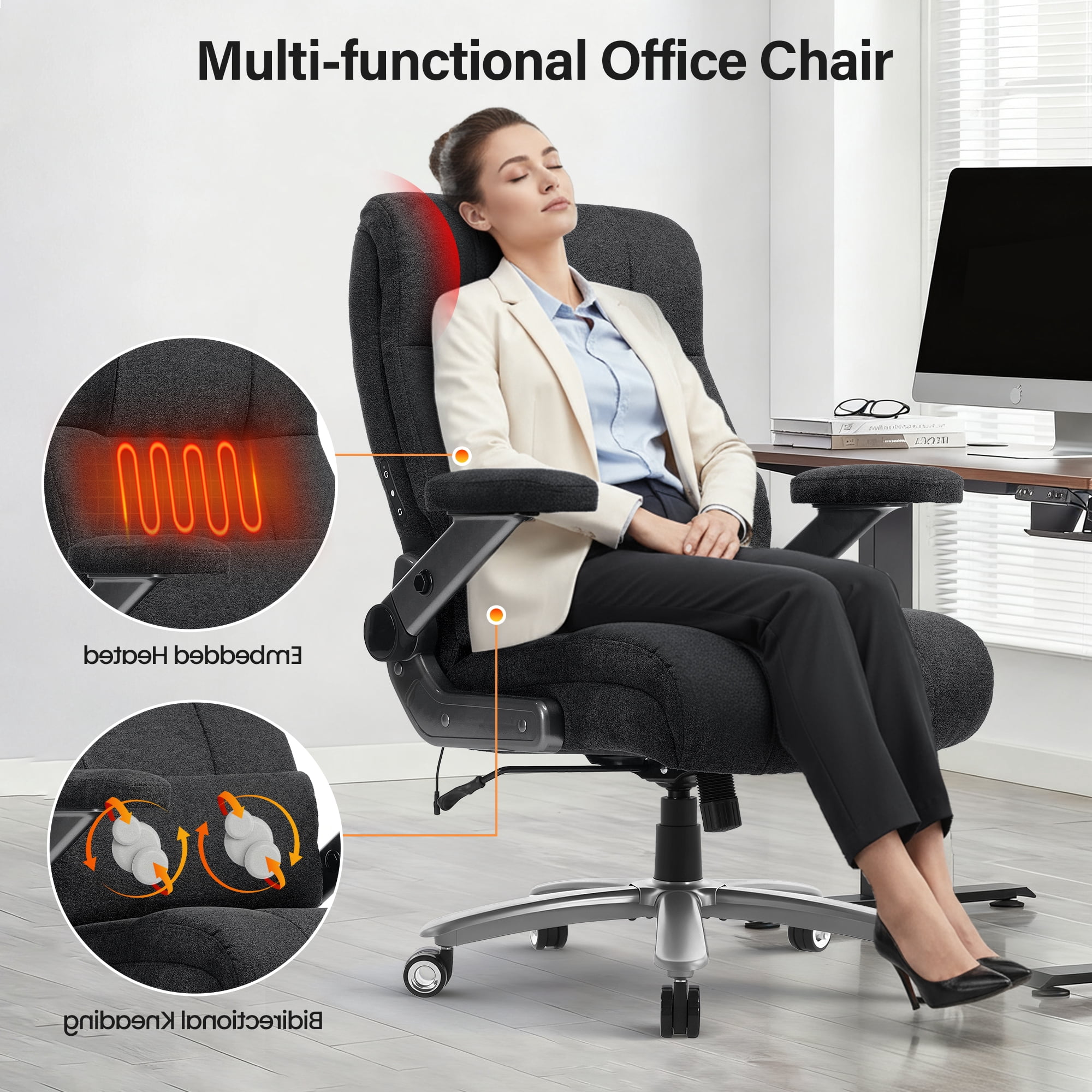 EOP 23.62'' Extra Wide Office Chair, 600 Lbs Big and Tall Executive Office Chair with Heat and Kneading Massage, Ergonomic Computer Chair with 3D Flip-up Arms, Black