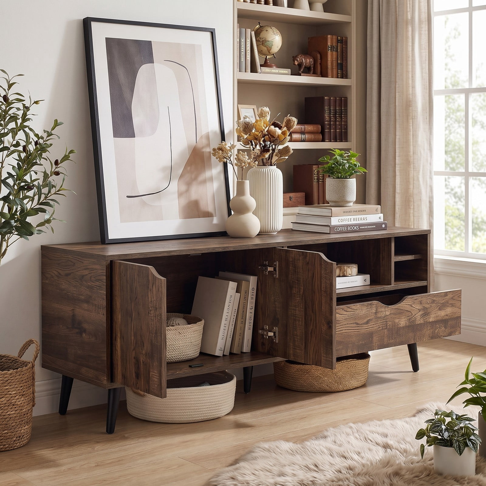 Furnibear Rustic TV Stand for TVs up to 65 Inches, Farmhouse Entertainment Center with 2-Door Cabinet, Storage Drawer and Open Shelves, Wood Media Console for, Brown
