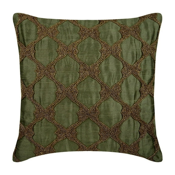 Pillow Cover, Earth Green Shams, Gold Beaded Lattice Trellis Antique Pillow Shams, 24x24 inch (60x60 cm) Pillow Shams, Square Silk Shams, Contemporary Pillow Shams - Tarnished Gold