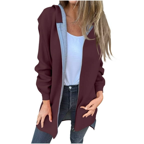 ZQUUVOU Women's Long Zip Up Jacket with Hood Long Sleeve Tunic Sweatshirts Fall Trendy Solid Color Mid-Length Cardigan Burgundy