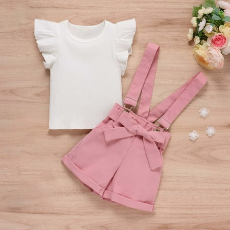 

SDJMa Toddler Baby Girls Summer Flying Sleeve Strip Top Bib Two-piece Set Children s Clothing