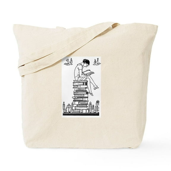 CafePress - Reading Girl Atop Books Tote Bag - Unisex Canvas Tote Bag, Beige, 1-Piece