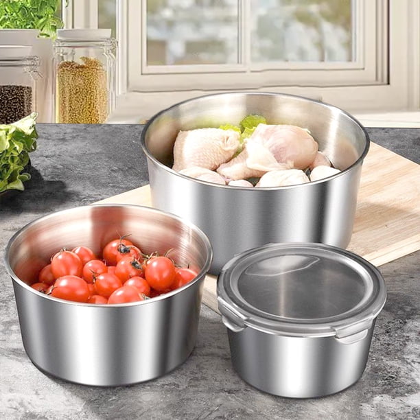 Juego de Ensaladeras de Acero Inoxidable con Tapas - Caja de 3 Piezas para Conservar Alimentos Frescos, Cocinar, Almacenar y Viajar - a Prueba de Fugas, Apilable, Fácil de Limpiar - 15 X 8,2 Cm, 13 X