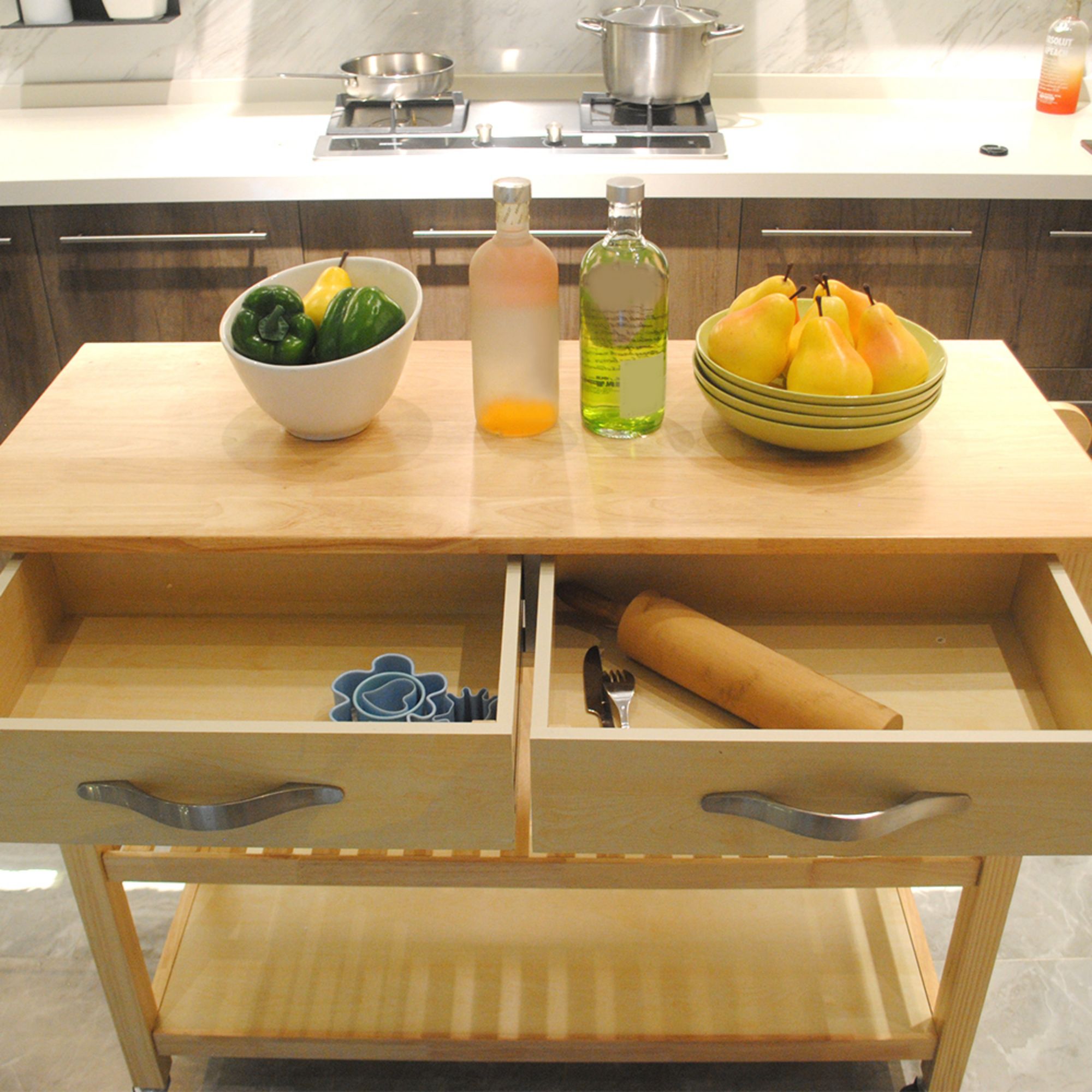 Aukfa Kitchen Cart,Kitchen Island Cart on Lockable Wheels and Two Drawers - Oak