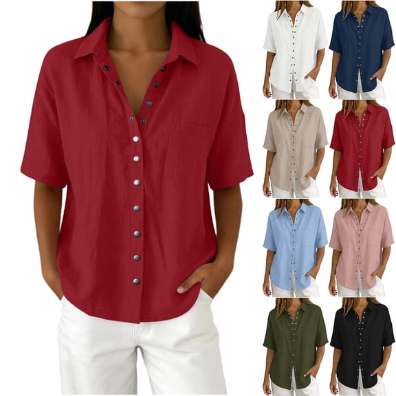 Womens Loose Casual Button Down Tops Fashion Casual Linen Solid Color Flared Open Front Short Sleeve Button-Up V-Neck Pocket Top Vacation-ready linen resort shirts