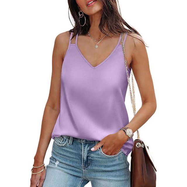 ZHAOCHENG Camisola de verano sin mangas de satén de seda para mujer con cuello en V, tallas S a 2XL