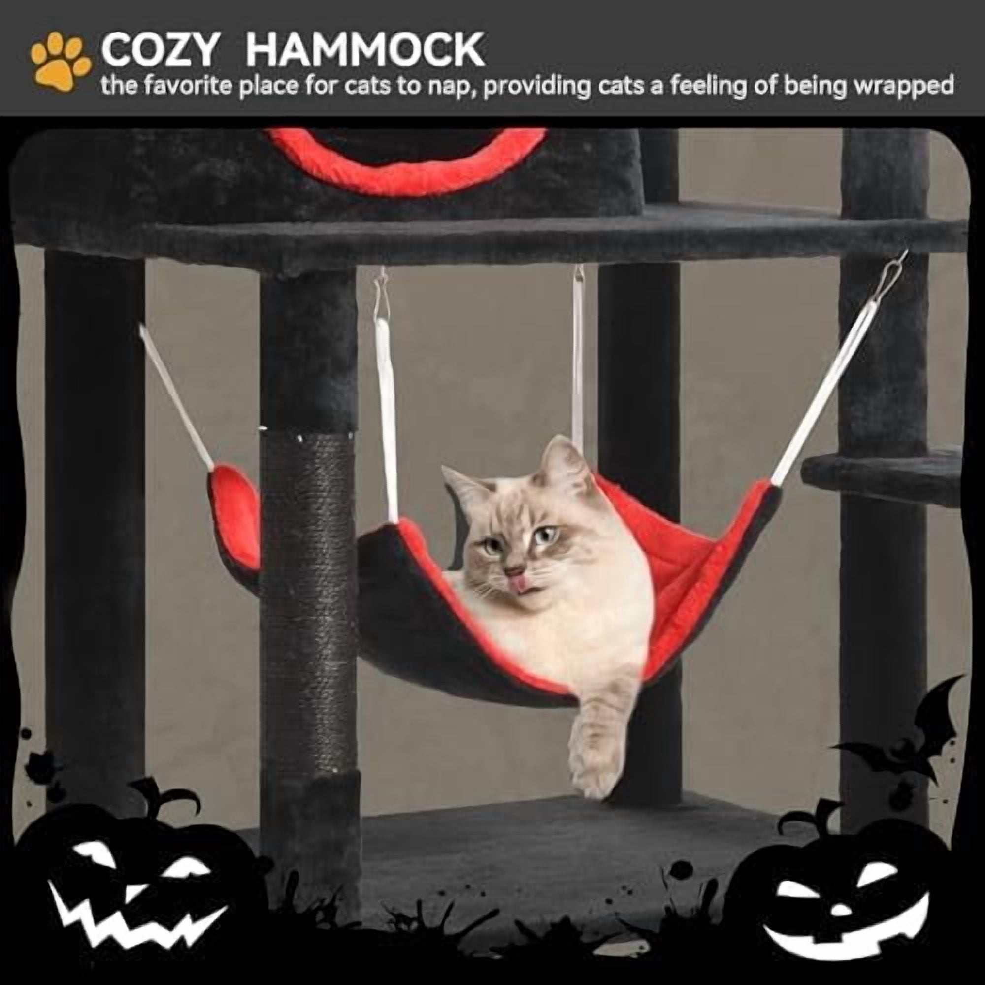 Gothic Cat Tree with Coffin Bed, 63" Tall Cat Tower for Indoor Cats with Top Perch, Spacious Cat Condos, Spider Hanging Balls,Comfy Hammock, Scratching Post and Ladder, Black Halloween