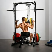RitFit Smith Machine Power Cage Half Rack with LAT-Pull Down System, Landmine, Barbell Bar, Plate Storage Pegs and More Training Attachment, 1000 LBS Multifunction Squat Rack for Home Gym
