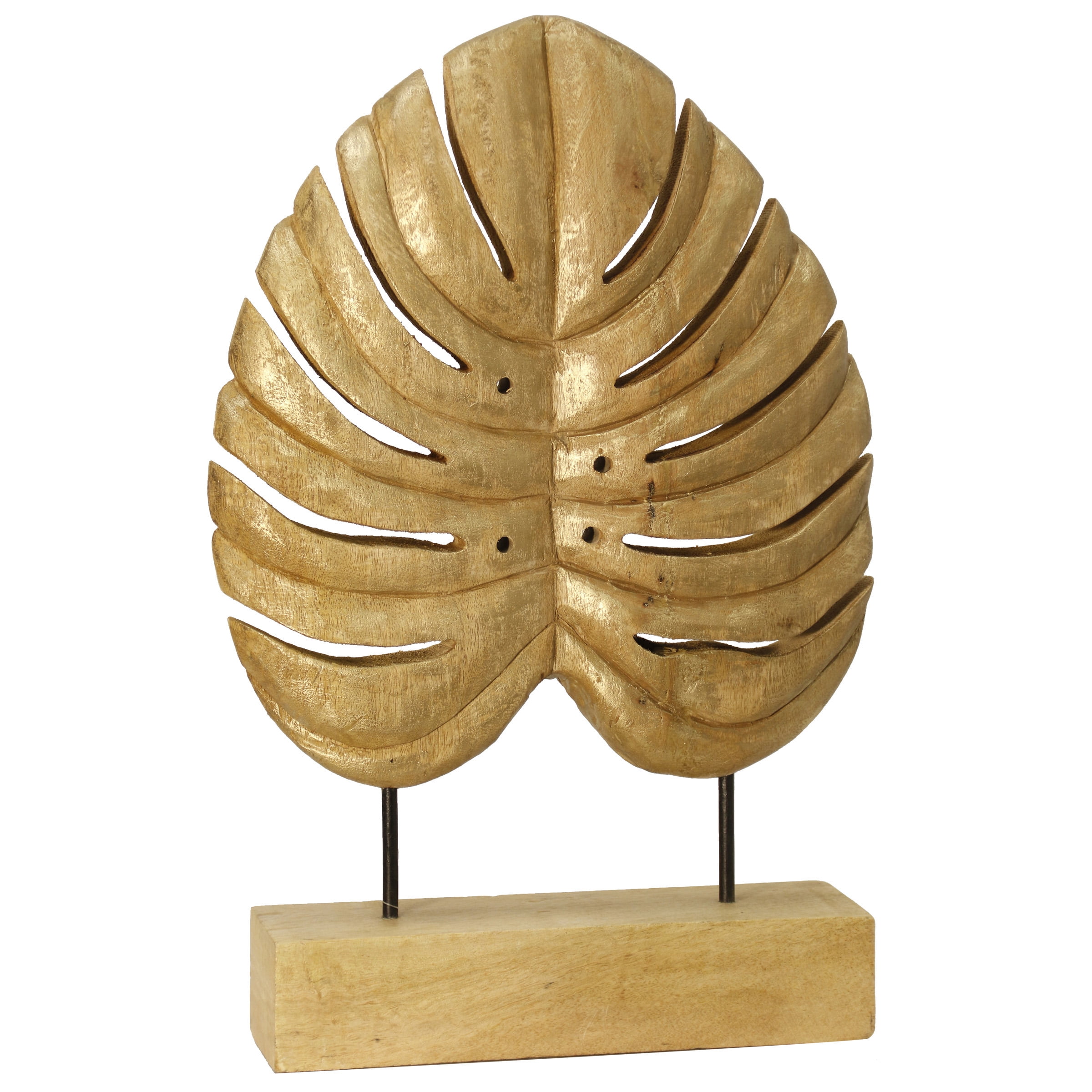 Gold Leaf Monstera Hand Carved Decorative Statue Natural, Gold