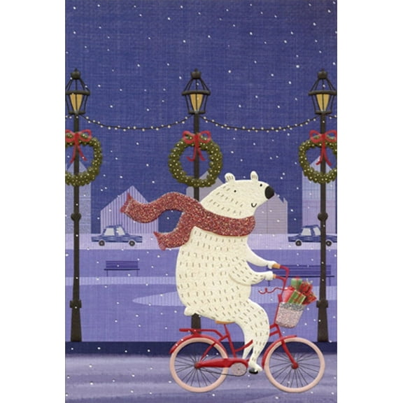 Pictura Bear Wearing Sparkling Red Scarf : Riding Bike Christmas Card
