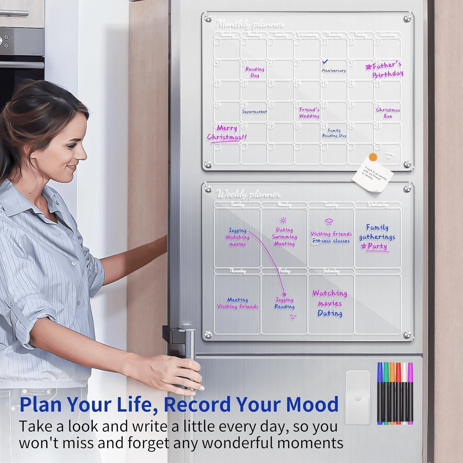 Acrylic Magnetic Fridge Calendar Magnet, Clear Dry Erase Board Calendar for Refrigerator, Monthly Weekly Planner 2025, Vertical Fridge Whiteboard to Do List, w/ 6 Colors Markers, 16"x12"