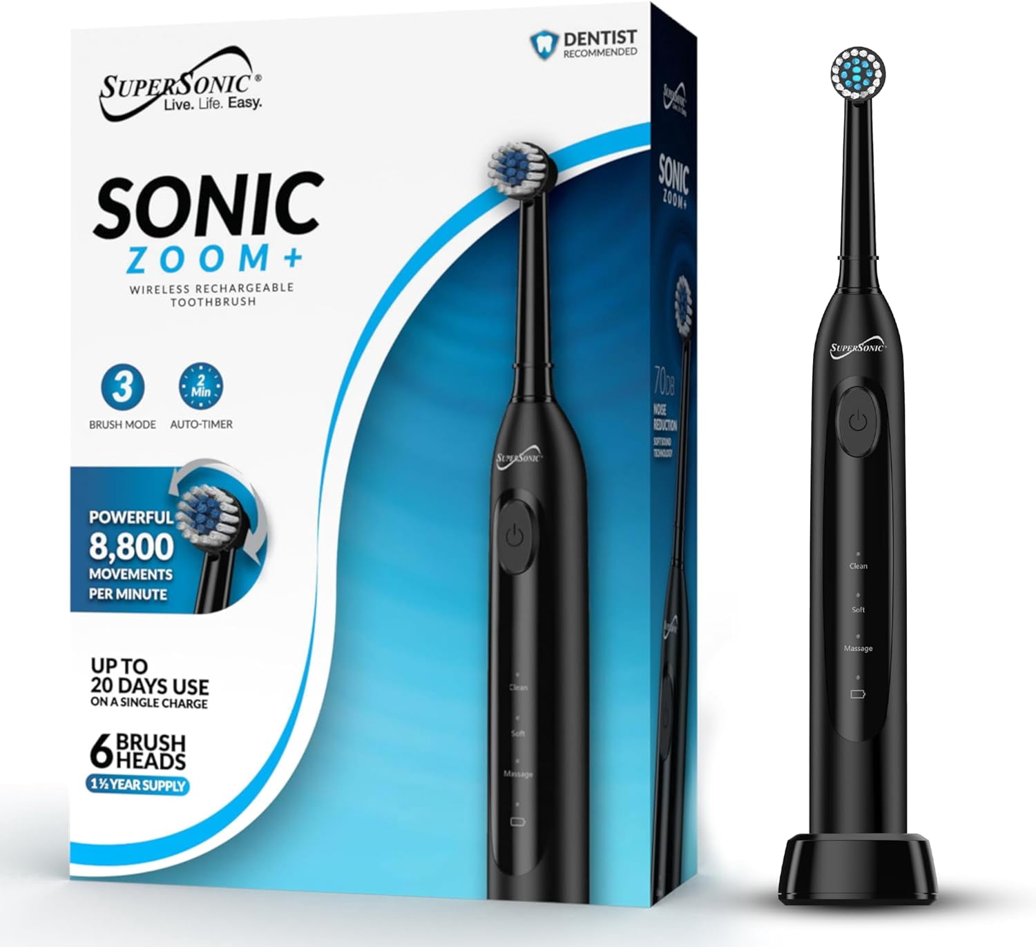 Supersonic TB-1000 Sonic Zoom+ Advanced Rotating Electric Toothbrush, 8,800 OPM, Wireless Charging, 6 Brush Heads, 3 Mod