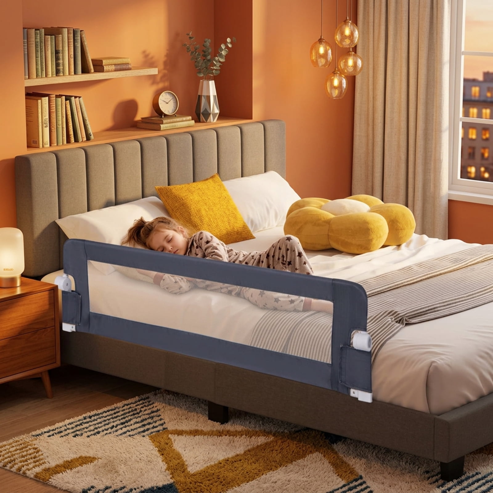 SUGIFT 60 Inch Foldable Bed Side Rails Swing Down Guard with Waterproof Oxford Cloth PP Cotton Padding Breathable Mesh T Shaped Legs and Adjustable Safety Strap, Grey