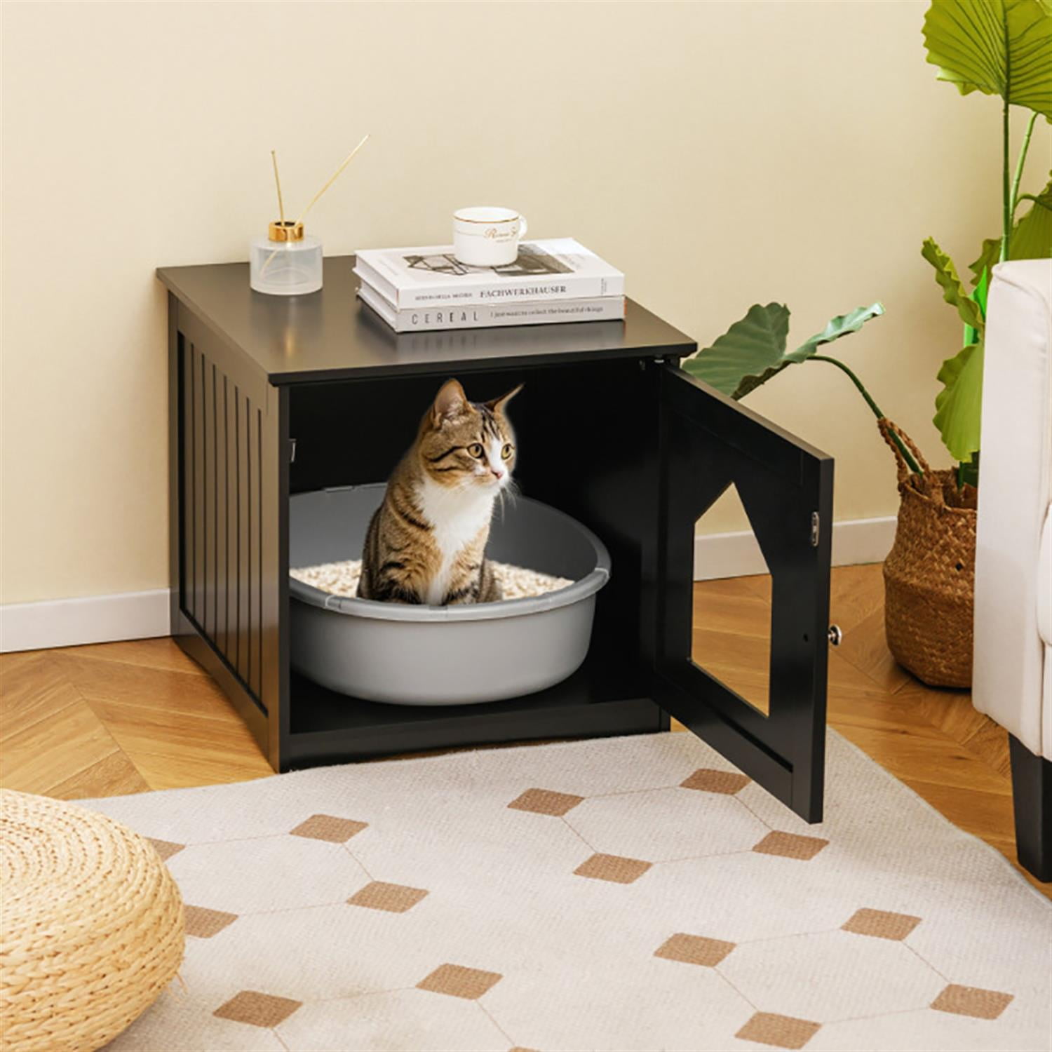 Kadyn Cat Litter Box Enclosure Furniture, Hidden Litter Box for Cats, Cat House Furniture for Side Table or Nightstand, Black