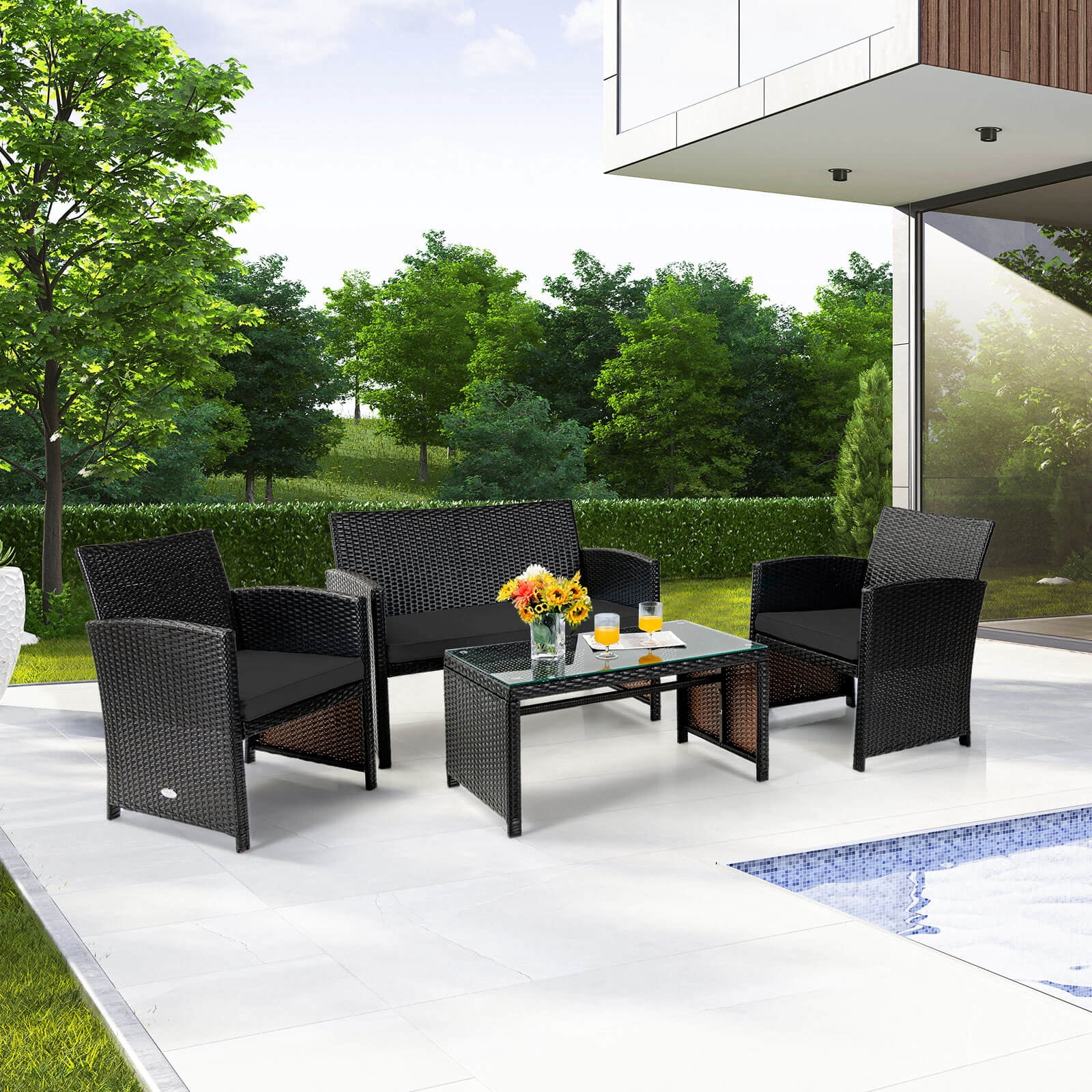 Costway 8PCS Patio Rattan Furniture Set Cushioned Chair Sofa Table Turquoise Black