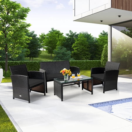 Costway 4PCS Patio Rattan Furniture Set Cushioned Chair Sofa Table Black