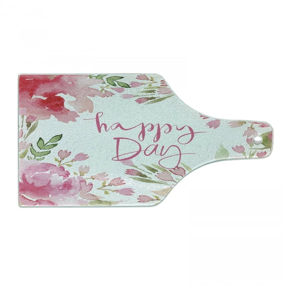 Country Cutting Board, Abstract Farm Style Image of Watercolor Flowers Leaves Frame Like Image, Tempered Glass Cutting and Serving Board, Wine Bottle Shape, Pale Pink and Green, by Ambesonne