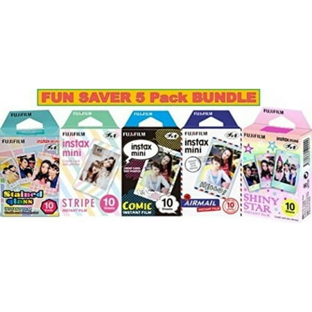 Fujifilm Instax Mini 5 Pack Bundle Includes Stained Glass, Comic, Stripe, Shiny Star, Airmail. 10 sheets X 5 Pack = 50 Sheets. Bonus Wiki Deal Micro Fiber