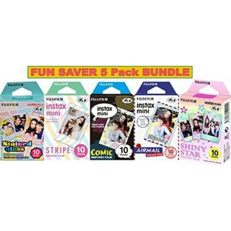 - Fujifilm Instax Mini 5 Pack Bundle Includes Stained Glass, Comic, Stripe, Shiny Star, Airmail. 10 sheets X 5 Pack = 50 Sheets. Bonus Wiki Deal Micro Fiber Cloth