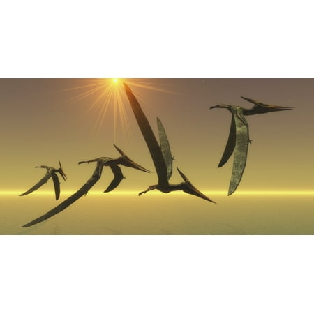 A group of Pteranodons take flight on a clear sunny day Pteranodons are flying reptiles that lived in the Cretaceous Period of North America in Earths history Poster