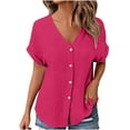 thumbnail image 3 of Zedker Shirts for Women Button Up Short Sleeve Casual Ladies Shirt Collared Loose Fit V Neck Solid Color Summer Blouse Tops Hot Pink, Size S-XXL, 3 of 10