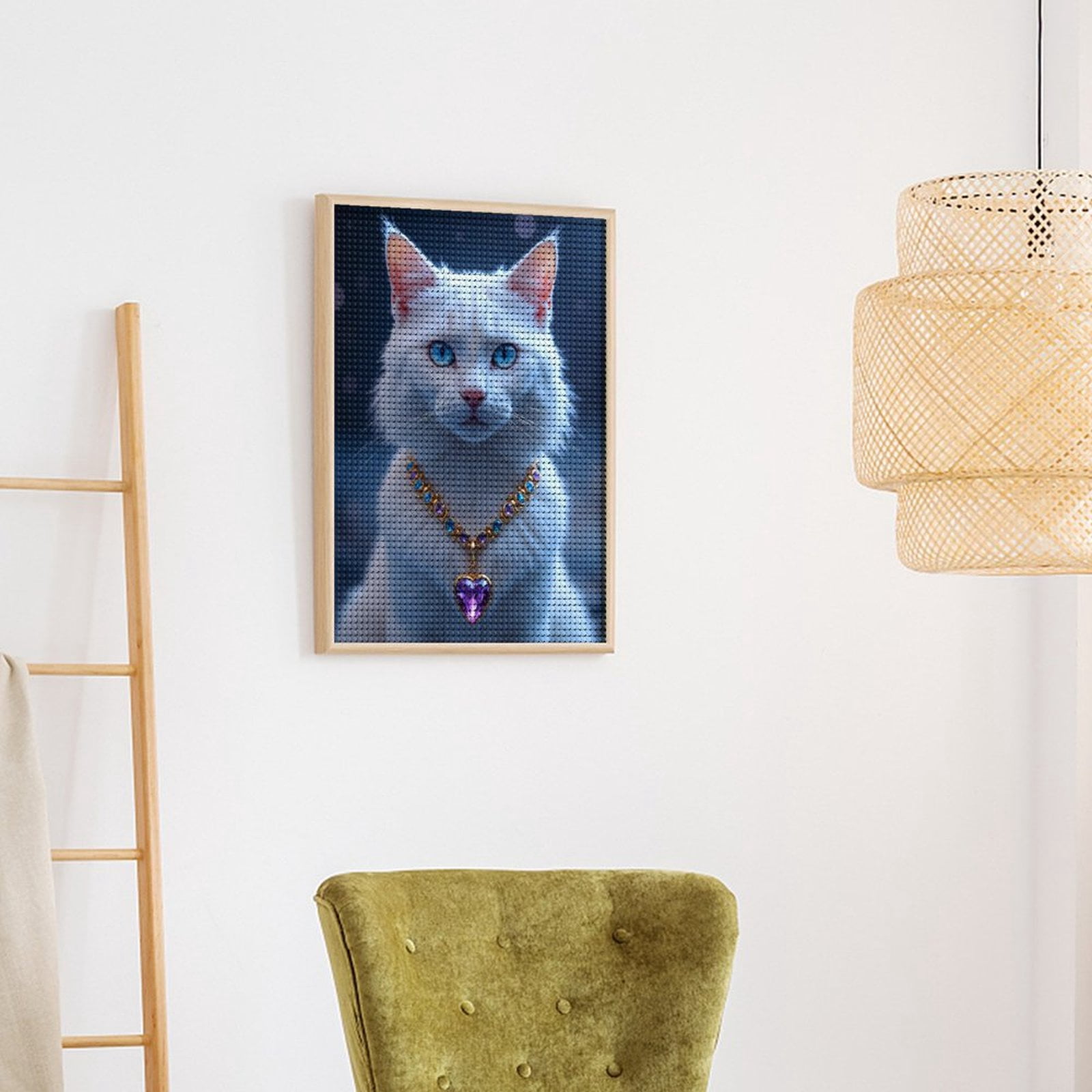 Diamond Art Kits for Adults - White Cat Jewel Necklace Blue Eyes 5d Diamond Painting for Adults, Diamond Art for Adults Beginners, Frameless Diamond Painting Kits for Adults for Home Wall Decor