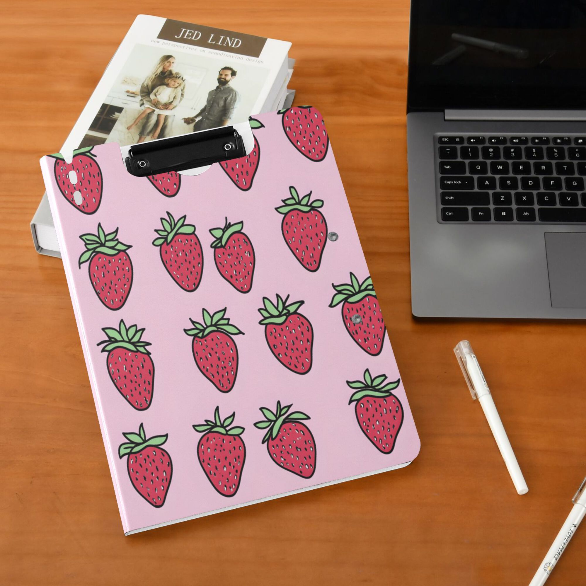 FORMRS A4 Clipboard Folder with Pen Holder Horizontal Foldable School Office Binder, Cartoon Strawberry
