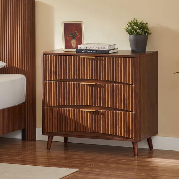 EHANCIS Walnut Mid Century Modern Nightstand, 3 Drawer Fluted Wooden Bedside Table with Metal Handles, Storage Side Cabinet for Bedroom Living Room Hallway