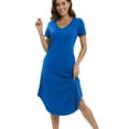 thumbnail image 2 of Women's Long Nightdress Sleepwear V Neck Ankle-Length Nightgown With 2 Pockets Short Sleeve Sleep Shirt Soft Casual Loose Pajamas Nightshirt Plus Size Loungewear, Blue S-3XL, 2 of 9