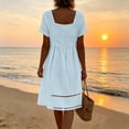 thumbnail image 6 of Josdec Women's Square Neck Short Sleeve Babydoll Midi Dresses Eyelet Hollow Hem Solid Color 100% Cotton Casual Dress for Daily Wear in Spring Summer S-3XL, 6 of 7