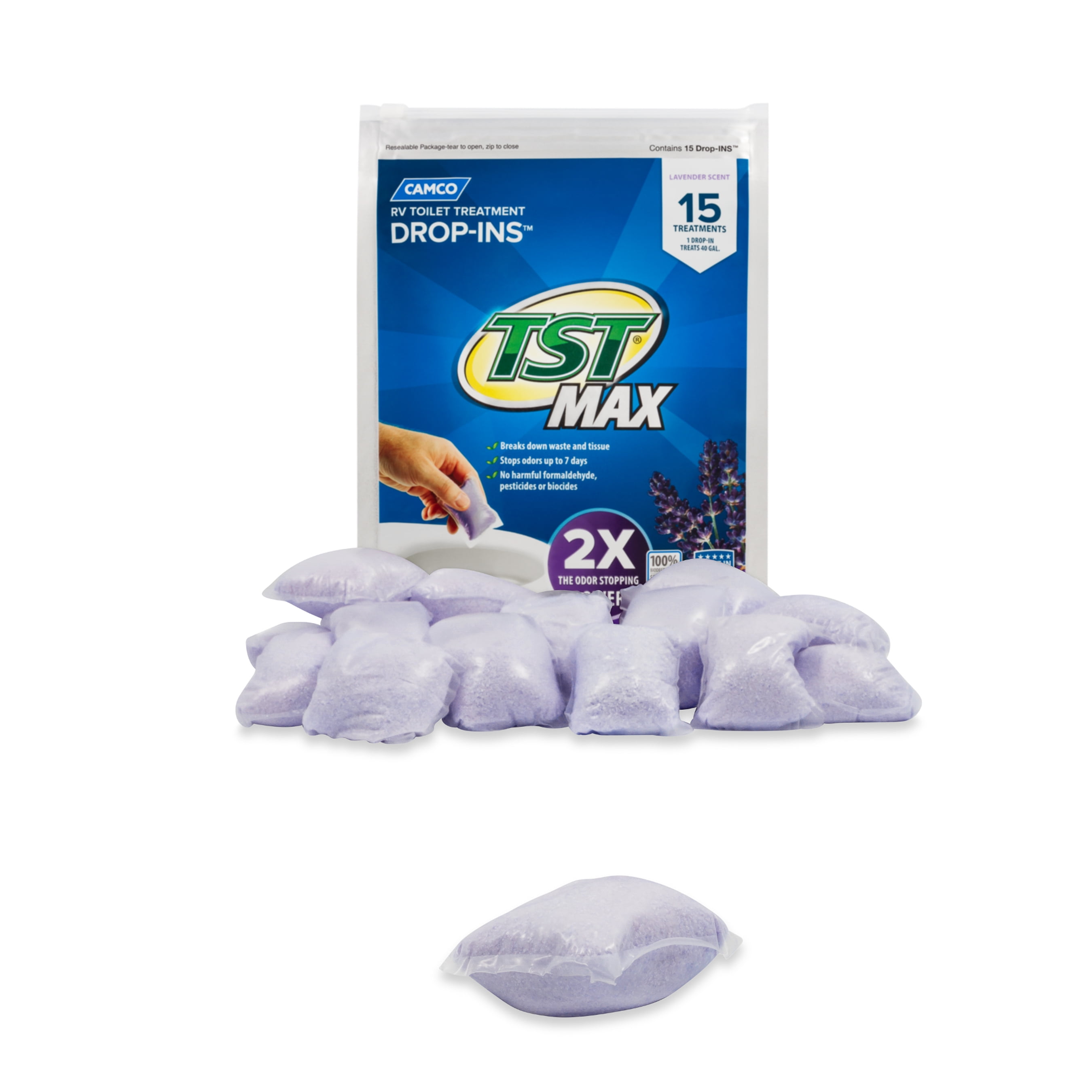 Camco TST MAX Camper/RV Toilet Treatment Drop-INs | Biodegradable | Septic  Safe | Lavender, 15-Count (41559)