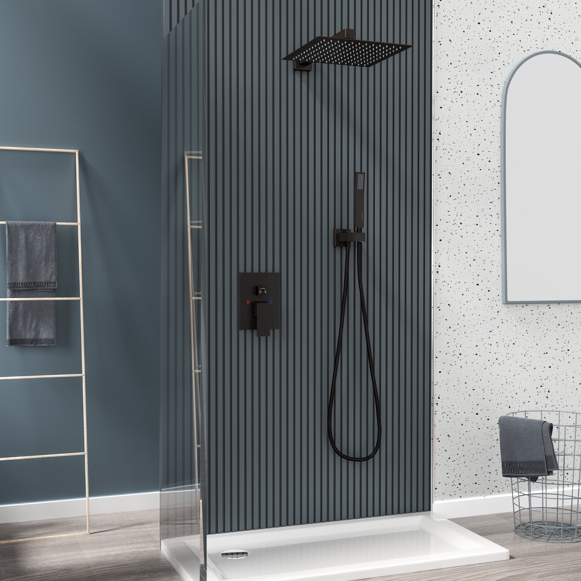 Logmey 10" Wall Mounted Pressure Balancing Dual Shower Rain Shower System with Rough-in Valve and Trim Kit, Oil Rubbed Bronze Stainless Steel Shower Head