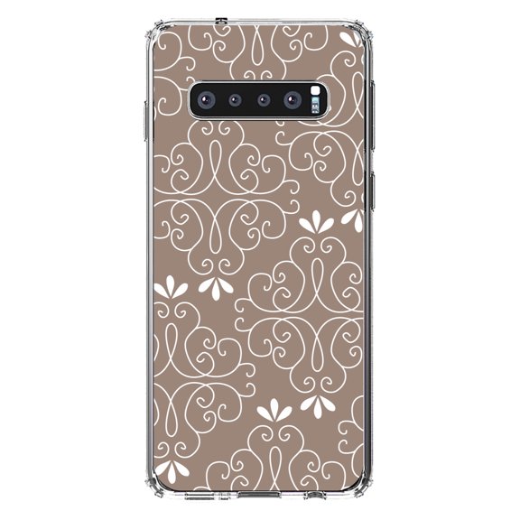 DistinctInk Clear Shockproof Hybrid Case for Samsung Galaxy S10  PLUS(6.4" Screen) - TPU Bumper, Acrylic Back, Tempered Glass Screen Protector - Tan White Floral