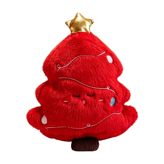 Cute Christmas Tree Plush Throw Pillow, Soft Red Xmas Tree Shaped Decorative Cushion with Golden Star, Embroidered Face Accent Pillow for Sofa Couch Bedroom Christmas Home Decor