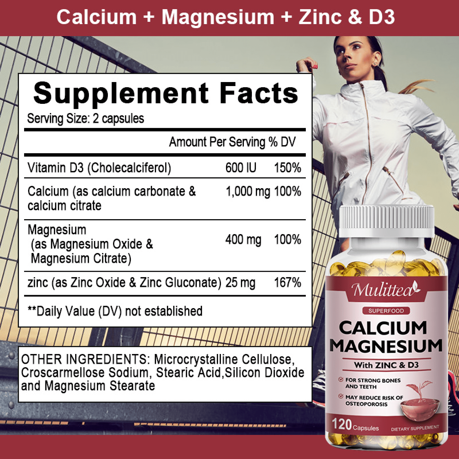 Mulittea Calcium Magnesium Zinc with D3, Bone & Muscle Support, 240 Ct, 2 Pack