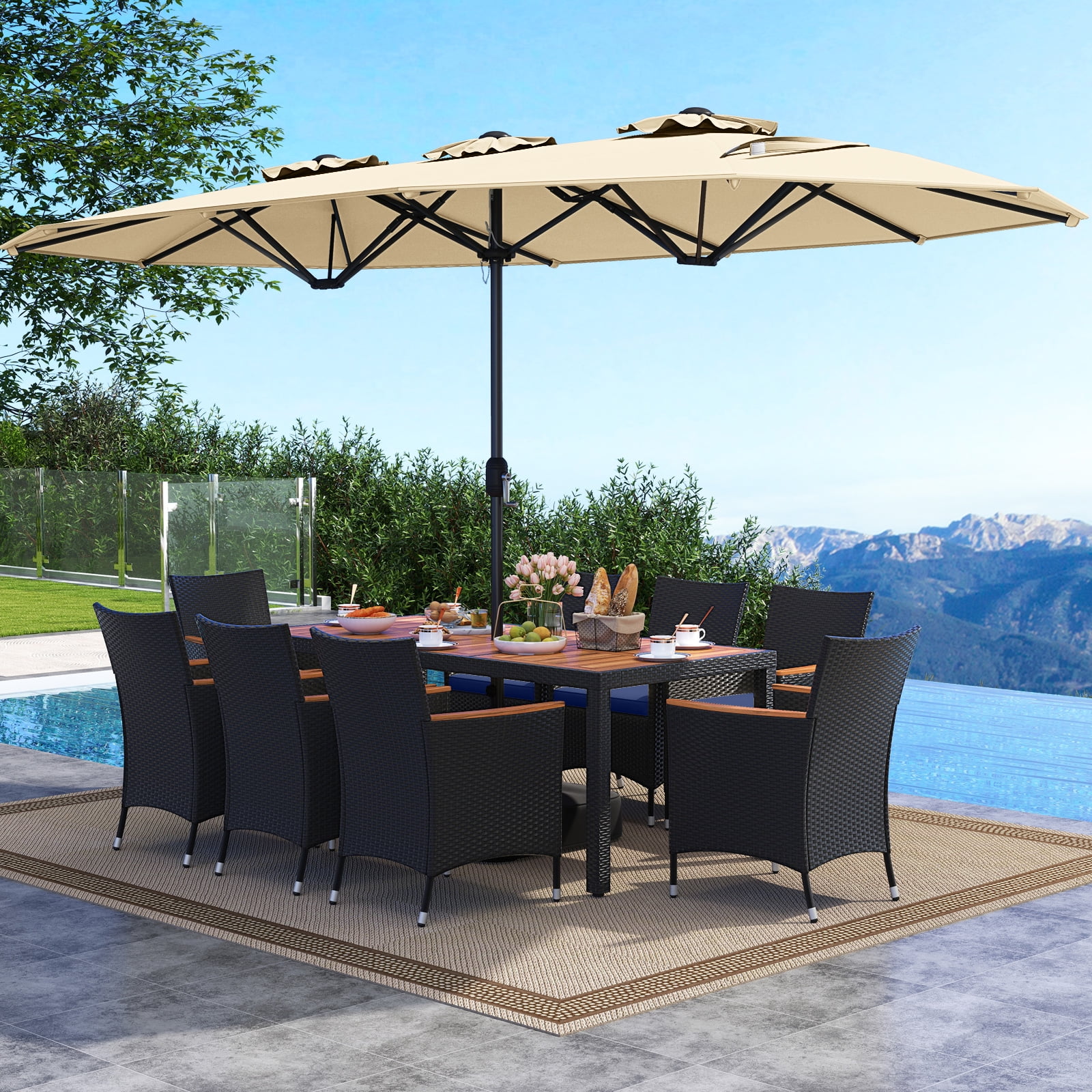 Costway 11 PCS Patio Wicker Dining Set with Double-Sided Outdoor Umbrella 8 Stackable Chairs