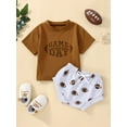thumbnail image 2 of Bagilaanoe 0-24 Months Newborn Baby Boy Clothes Letter Print Short Sleeve T-Shirt Tops Football Shorts 2pcs Summer Funny Outfit, 2 of 9