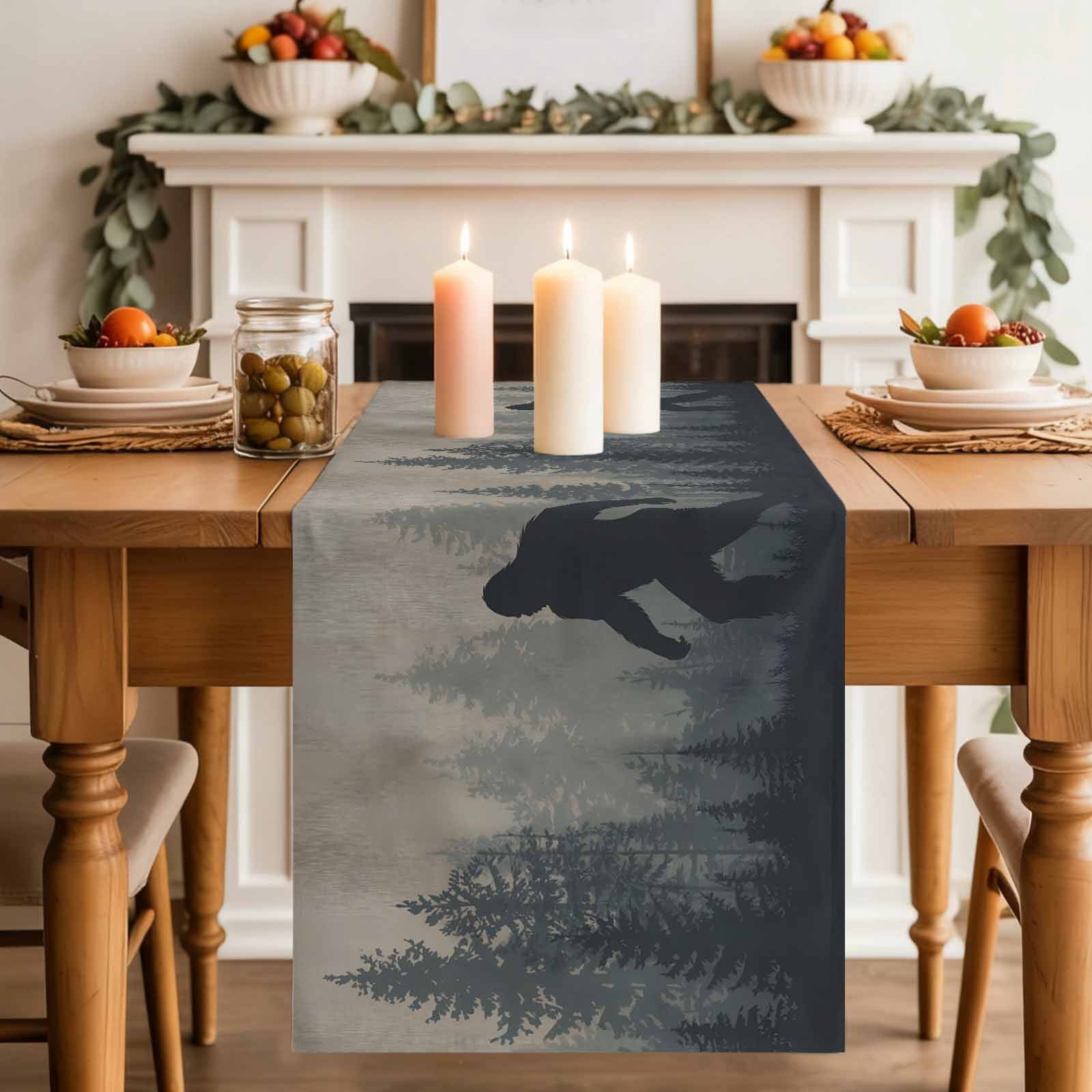 Forest Bigfoot Table Runner, Vintage Sasquatch Animal Silhouette Foggy Dark Forest Plant Cotton Linen Kitchen Table Decoration Washable Dining Tabletop Runners for Home Party Decor 13x90 Inches