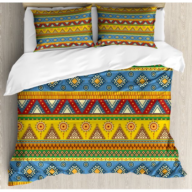 Aztec Duvet Cover Set, Traditional Classic Tribal Style Folk Motif with
