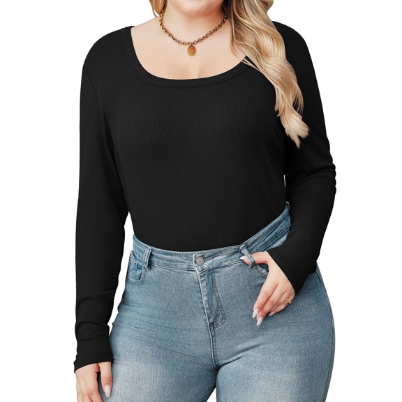 Weardear Plus Size Tops for Women Slim Fit Square Neck Ribbed Knit Tunic Shirts Long Sleeve Basic T-Shirt