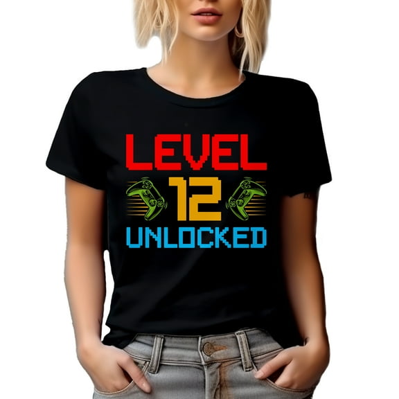 Level 12 Unlocked - Gaming Enthusiast or Video Gamer Birthday, Black T-Shirt, Small