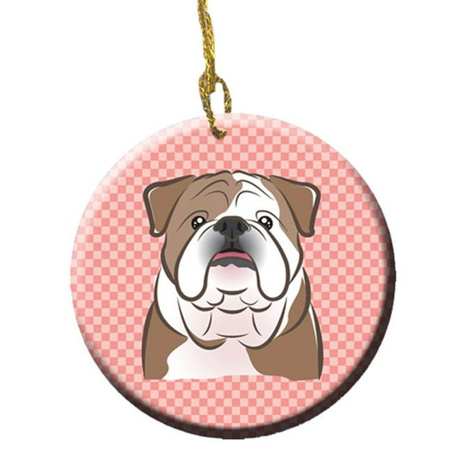 Checkerboard Pink English Bulldog Ceramic Ornament, 2.81 In.