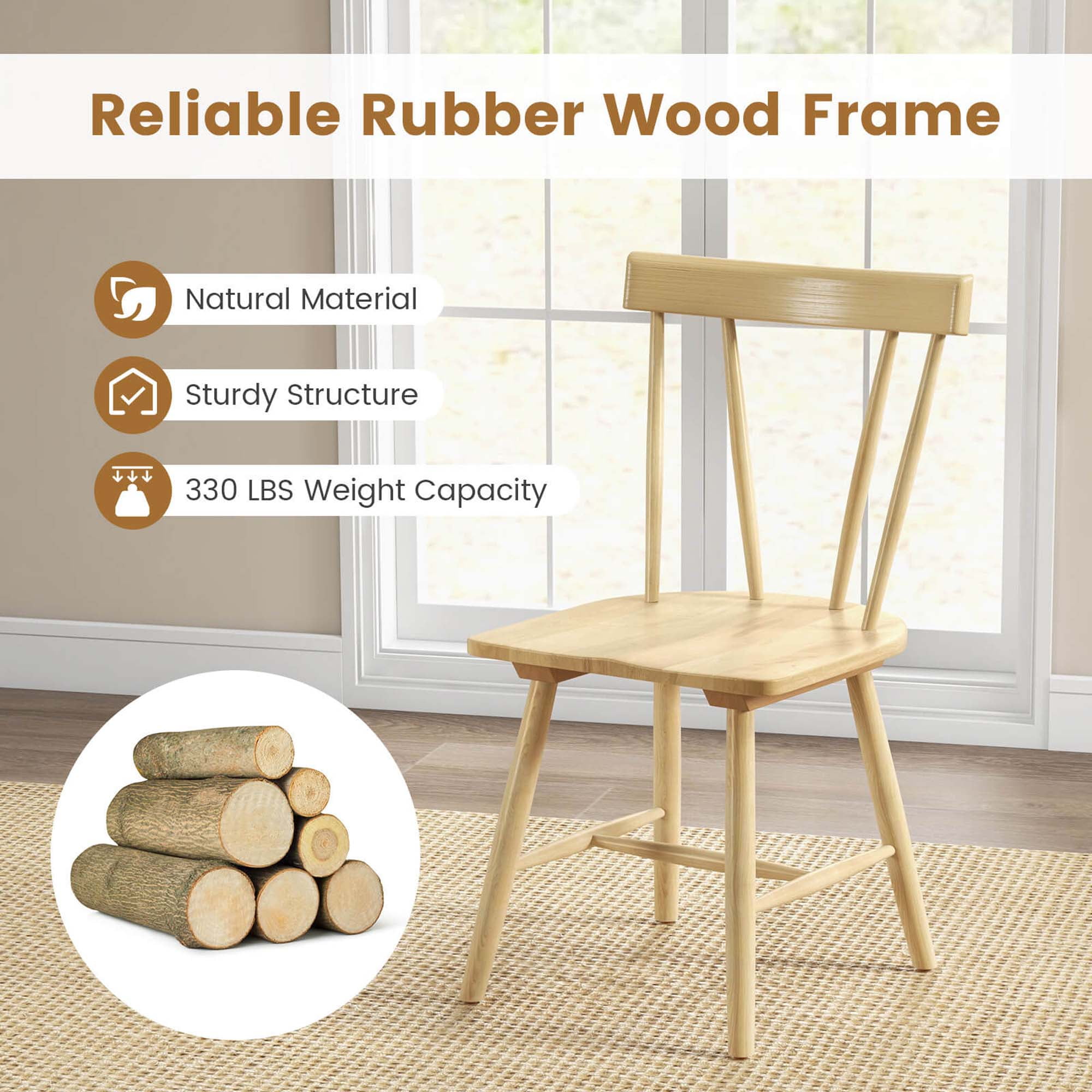 Costway Dining Chairs Set of 2 Windsor Chairs Wood Armless Chairs with Solid Rubber Wood Natural