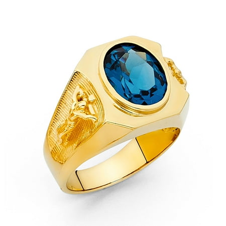 - 14K Solid Yellow Gold Blue Cubic Zirconia Men 15mm Thick Band Ring, Size 8