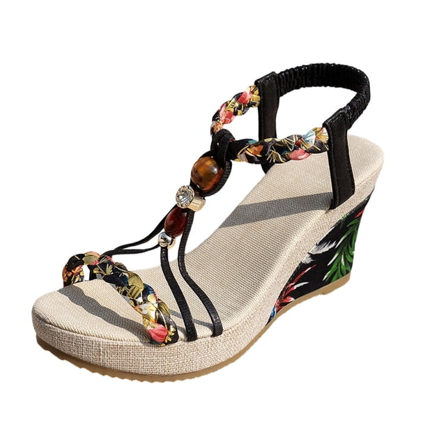 HSMQHJWE Sandales Compensées pour Femmes Bout Rond Sandales Compensées Confortables pour Femmes Tressées Perlées Bout Ouvert Sandales Plateforme Bohèmes