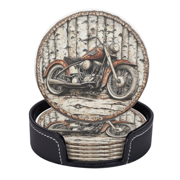 PU Leather Coasters for Drinks Bar Beer,Set of 6 with Holder,Round Housewarming Gift,Harley Motorcycle On Birch Bark Background