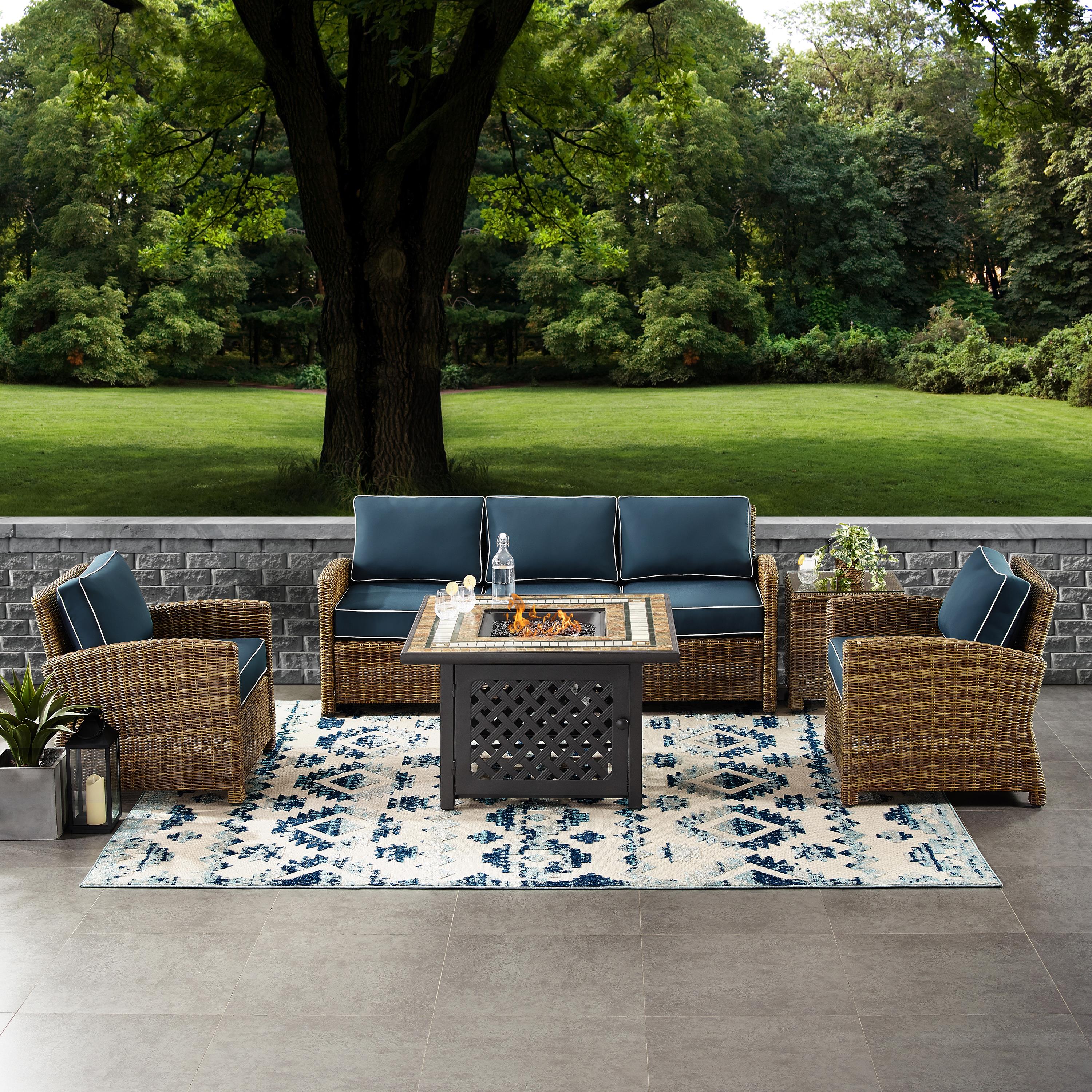 Crosley Furniture Bradenton 5Pc Patio Fabric Fire Pit Sofa Set in Brown and Navy - image 5 of 9